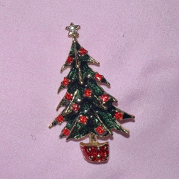 Vintage Christmas Tree Holiday Gold Tone Rhinestone Brooch - Picture 2 of 6